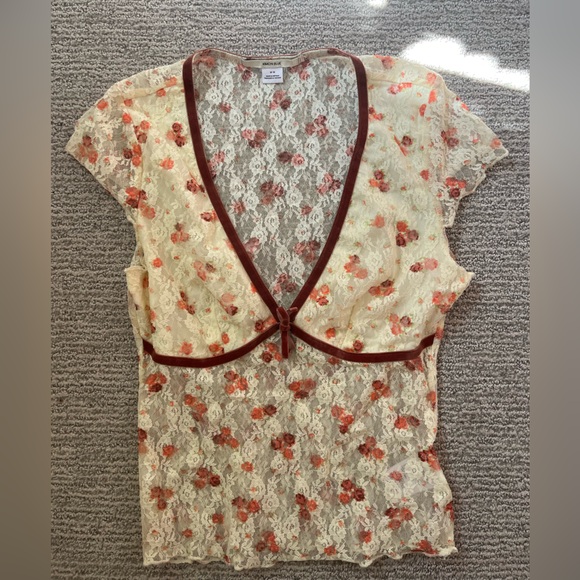 Urban Outfitters Tops - Urban Outfitters Cream Lace Floral Short Sleeve Top with Rust Trim and Bow